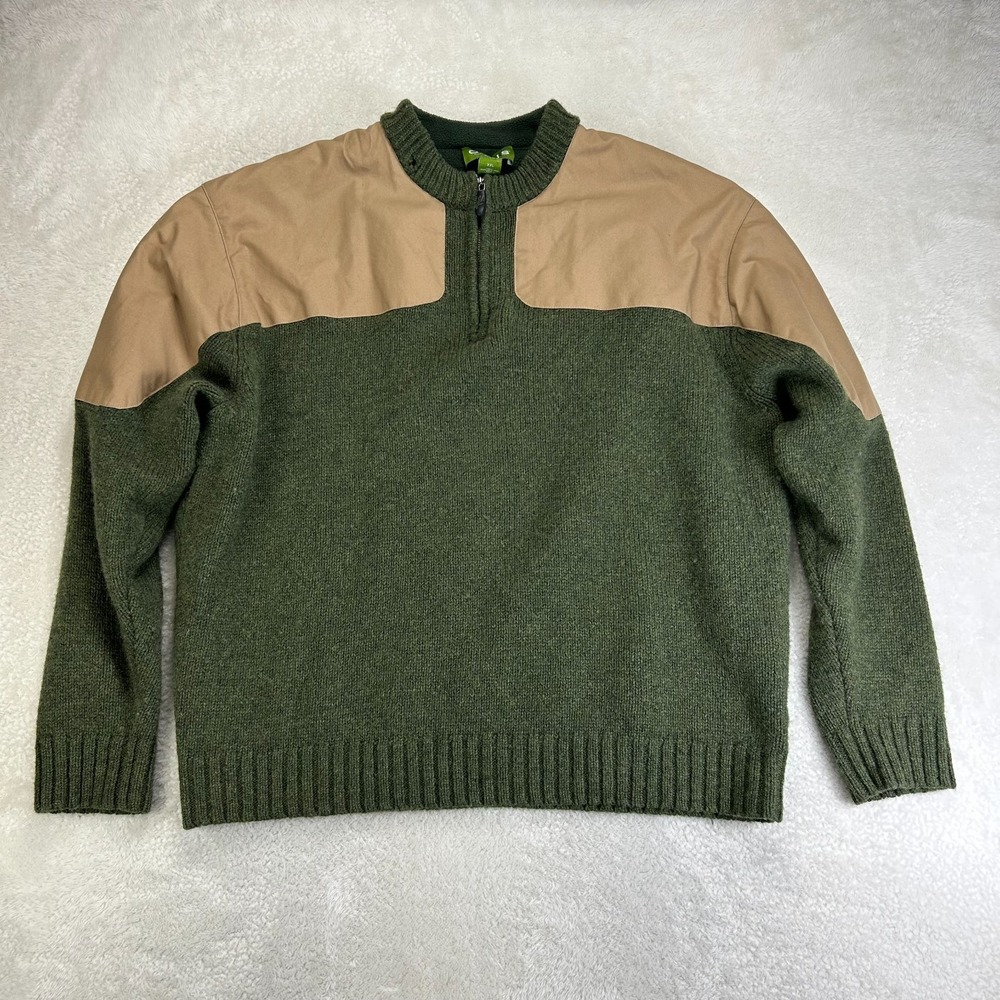 Orvis 1/4 Zip Sweater Mens 2XL Olive Tan Shetland Wool Waxed Cotton Patch "Read"